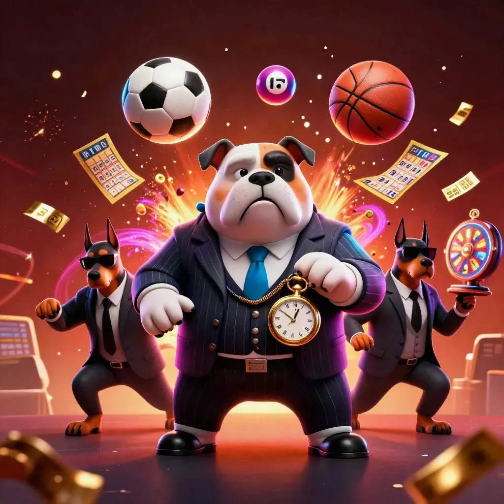 Neon casino bulldog gang with flying sports balls, confetti, and explosive lights.