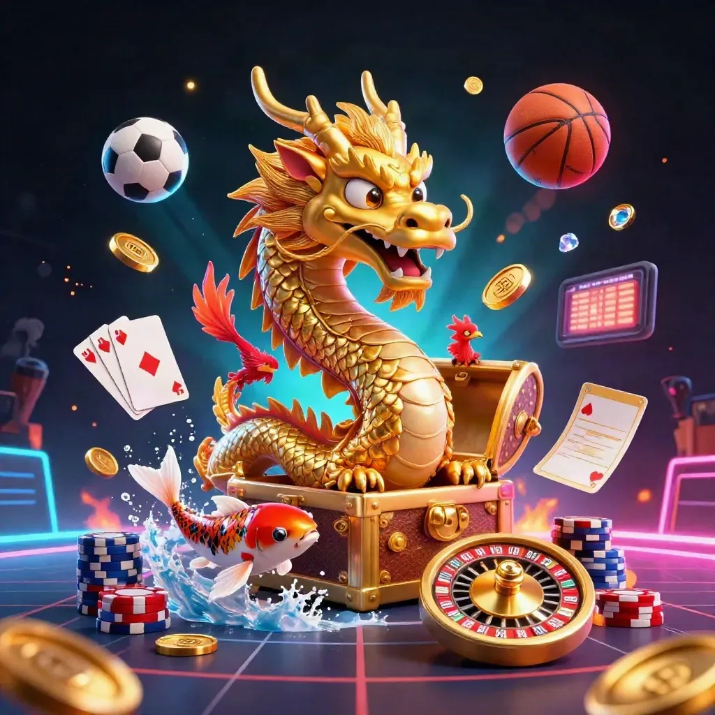 Golden dragon with phoenix and koi amid casino icons, balls, coins, and neon light