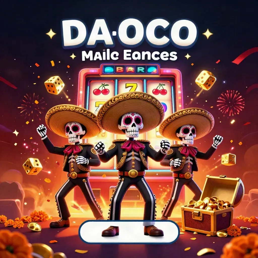 Skeleton mariachi trio amid exploding slot machine, gold, confetti, and neon glow.