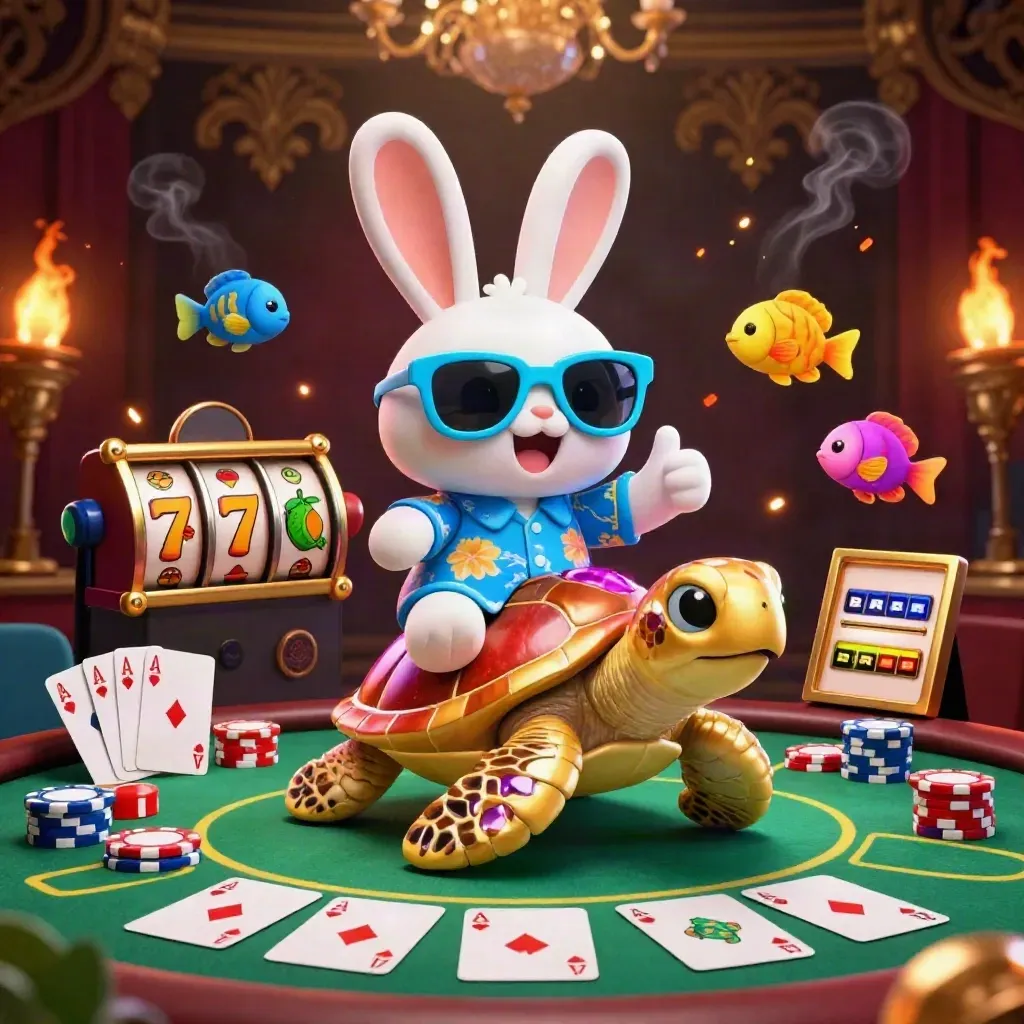 Lucky rabbit on a gem-shell sea turtle, neon casino chaos, cards, chips, reels and tropical fish.