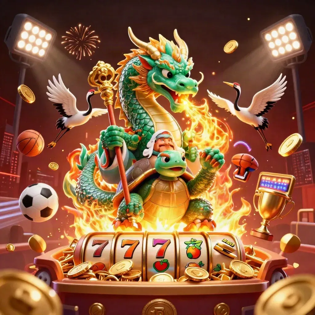 Dragon, turtle sage and cranes burst from a vault with coins, reels and fireworks.