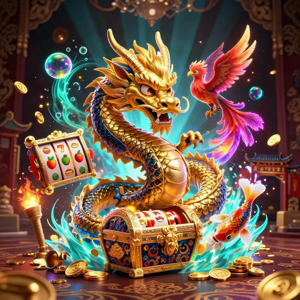 Golden dragon with phoenix and koi amid casino coins, reels, and neon glow.